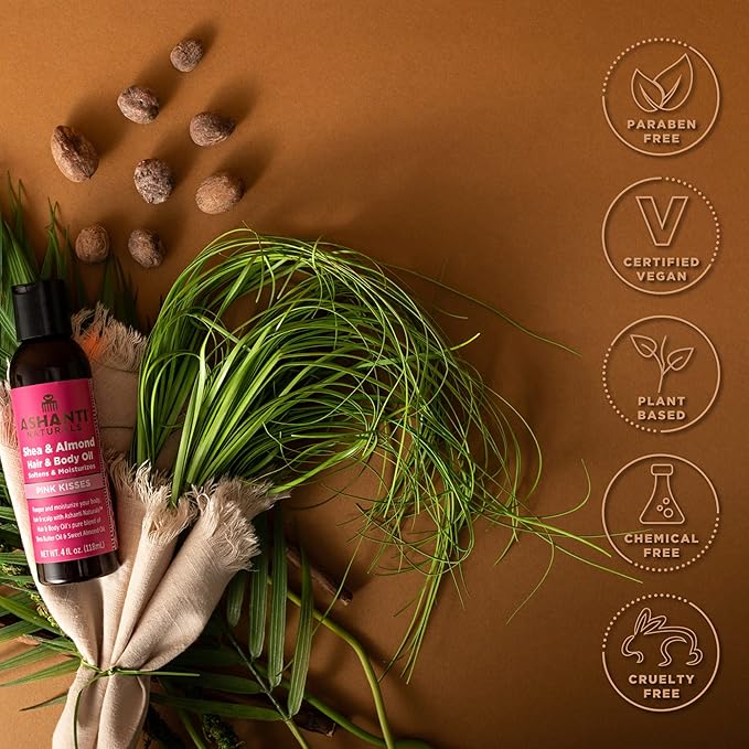 Ashanti Naturals Pure Shea and Sweet Almond Oil for Hair and Skin | Moisturizing Body Oil for Dry Skin, Scalp and Hair [Fragrance: Pink Kisses, 4 oz]