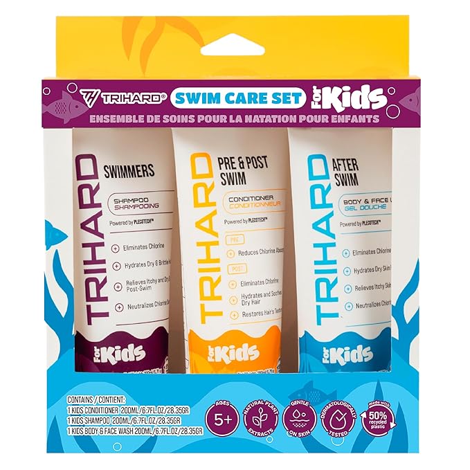 TRIHARD Kids Chlorine Hair and Body Protection Essentials for Swimmers | 3-in-1 Shampoo, Conditioner, & Body Wash for Children’s Sensitive Skin & Hair Pre and Post Pool or Ocean
