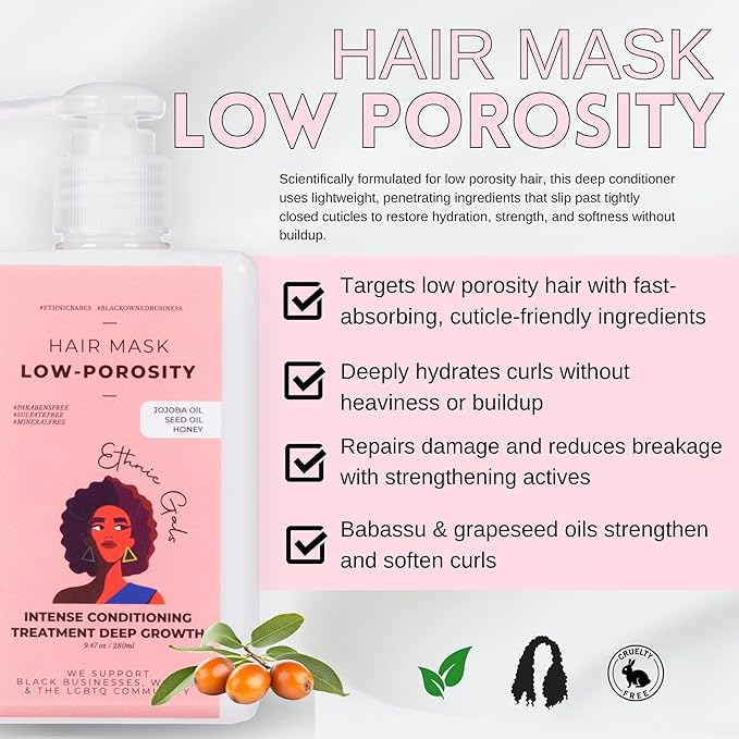 Ethnic Gals Low Porosity Hair Mask - Deep Moisture & Repair Treatment for Curly, Coily, Dry Hair with Shea Butter & Argan Oil, Restores Softness & Shine, 9.5 fl oz (280ml)