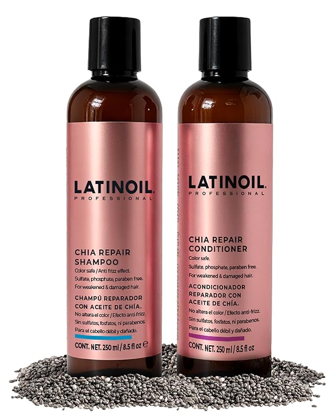 LATINOIL Chia Seeds Hair Repair Shampoo And Conditioner Sulfate & Paraben Free - Very Rich Natural Treatment Product, Thicken the Hair, Safe for Color Treated, Curly, Textured Hair, 8 Oz