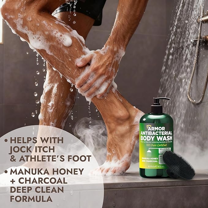 Antibacterial Body Wash | Antifungal Soap for Men & Women | Kills 99.9% of Germs & Bacteria | Helps with Back Acne, Body Odor, Jock Itch & Skin Irritation | Manuka Honey & Charcoal, 16 fl oz
