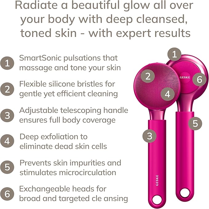 GESKE Sonic Full-Body Brush & Intensive Exfoliator | 8 in 1 | Electric Body Cleansing Brush | With SmartSonic Pulsations | Deep Cleansing, Exfoliation, Massage | Extendable Handle | Rough Skin Remover