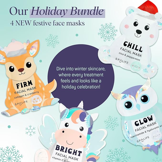 SpaLife Beauty Winter Wonder Animals Christmas Face Mask Bundle | Korean Facial Masks | Hydrating, Firming and Glowing Sheet Mask Set | Christmas Gifts for Women | 12 Pack