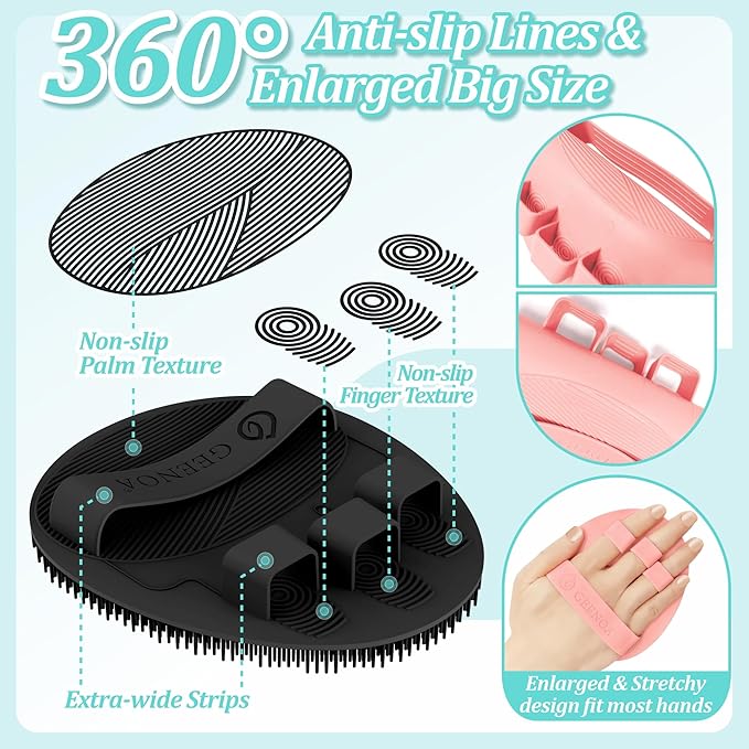 Silicone Bath Gloves 2PCS, 360° Anti-Slip Silicone Body Scrubber for Rich Foaming Deep Cleaning, Revolutionary No-Grip & Hand-fit Design Shower Scrubber for All Skin Types.(Black+Light Pink)