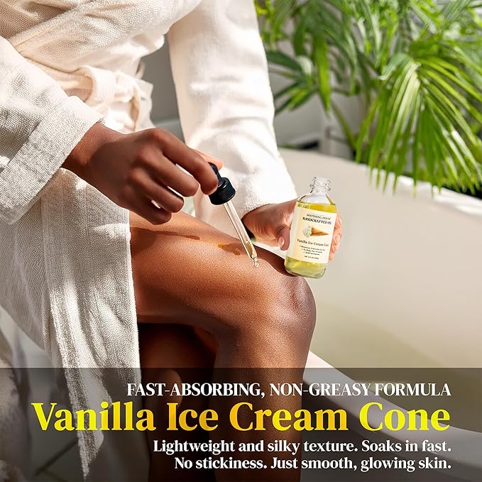 Vanilla Ice Cream Cone Body Oil - Premium Non-Greasy Oil & Body Moisturizer for Dry Skin & Glowing Skin with Sweet Almond, Jojoba, and Vitamin E Oil, 4 Fl OZ