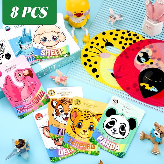 8 Pcs Animal Face Masks Bulk Spa Sheet Skincare Facial Mask Funny Face Skin Care for Women Girls Sleepover Slumber Party
