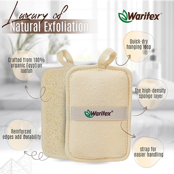 Waritex Egyptian Loofah Rectangular Body Scrubbers with Hand Strap, Exfoliating Bath Pads Made from Natural Egyptian Loofah Fibers, Gentle Deep Cleansing for Men and Women in Shower 2 Count (1 Pack)