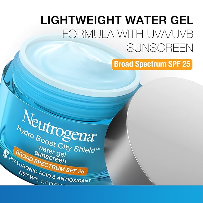Neutrogena Hydro Boost City Shield Water Gel Face Moisturizer with Broad Spectrum SPF 25, Hydrating Facial Sunscreen with Hyaluronic Acid, Oil-Free and Non-Comedogenic Face Lotion, 1.7 oz
