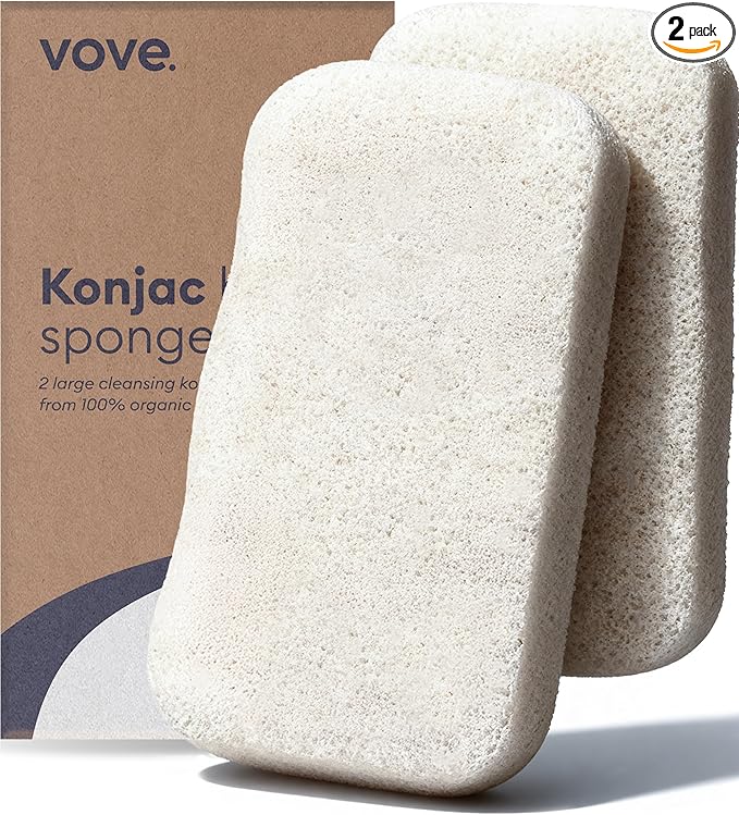 Vove Organic Konjac Body Sponges 2-Pack - Natural Full Body Exfoliating Shower Sponges, Gentle Plant-Based Cleansing for All Skin Types, Microplastic-Free Biodegradable, Certified Organic
