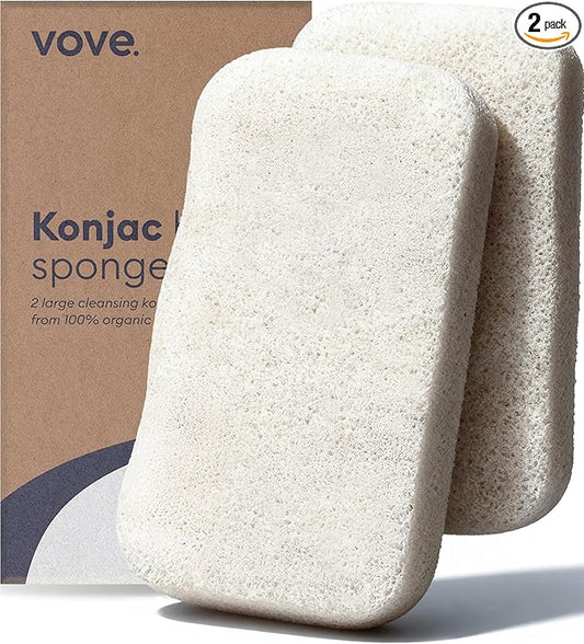 Vove Organic Konjac Body Sponges 2-Pack - Natural Full Body Exfoliating Shower Sponges, Gentle Plant-Based Cleansing for All Skin Types, Microplastic-Free Biodegradable, Certified Organic