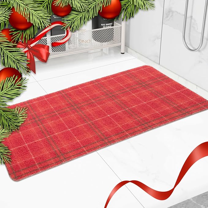 Christmas Non-Slip Bathtub Mat, Anti Slip Shower Mat, Fast Drying Bathtub Mats, Foot Scrubber Mat, Anti Slip Mat for Tub, Floor, Bathroom, Kitchen, Home, Hotel (Holiday Plaid, 40"x16")
