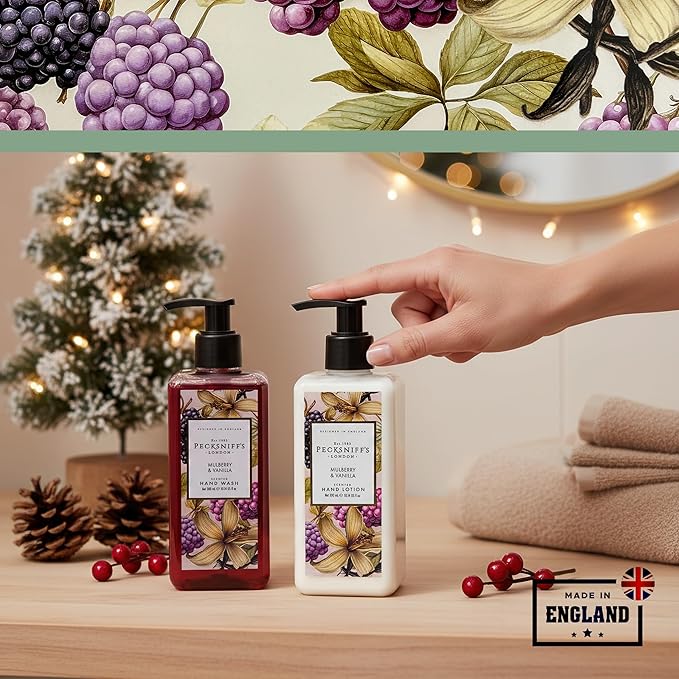 Pecksniffs Moisturizing Hand Wash and Hand & Body Lotion Caddy Set - WildWood Hand Care Duo Gift Set, Mulberry & Vanilla, Hard Box