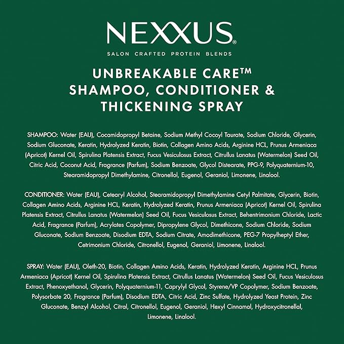 Nexxus Unbreakable Care Shampoo, Conditioner, and Leave-In Spray 3 Pack For Fine and Thin Hair with Keratin, Collagen, Biotin