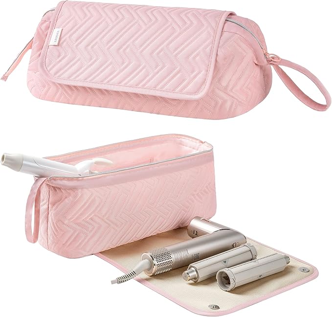 Leudes Hair Tools Travel Bag for Women Heat Resistant Mat for Travel Essentials Hot Tools Straighteners,Flat Irons,Curling Iron,Hot Air Brushes and Hair Dryer Organizer Bags 2 in 1(Pink)