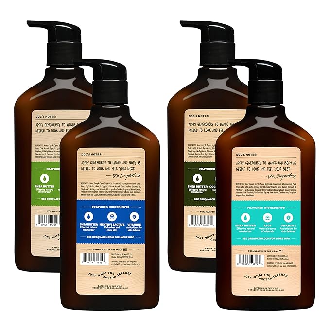 Dr. Squatch Natural Hand and Body Lotion for Men - Made with Shea Butter, Coconut Oil, Vitamin E for 24-Hr Moisturization - Pine Tar, Fresh Falls, Coconut Castaway & Cool Fresh Aloe (10 fl oz, 4-Pack)