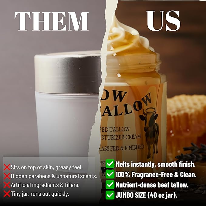 Hallow Tallow Whipped Beef Tallow Moisturizer – 100% Grass-Fed & Finished Tallow Balm with Manuka Honey, Jojoba & Olive Oil, Calendula Extract – Natural Hydrating Face & Body Cream, 4oz