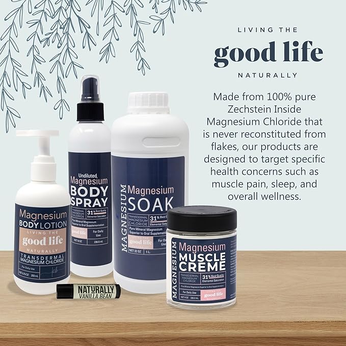 Magnesium Bundle - Magnesium Soak, Body Lotion, Muscle Cream and Topical Body Spray with a Vanilla Bean Lip Balm, Organic, Natural, Pure (BOTTLE COLOR MAY VARY)