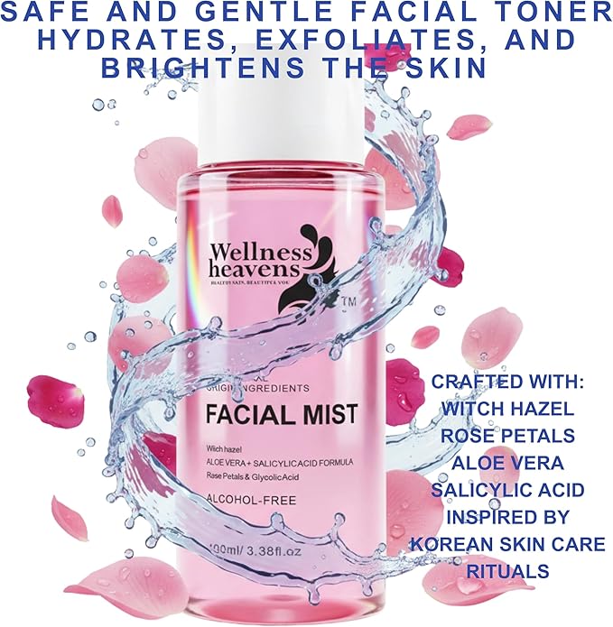 Hydrating Toner for Face, Refreshing Face Mist | Rose Water Toner with Witch Hazel Salicylic, & Glycolic Acid | A Zero Pore Cleanser, Helps Fade Dark Spots & Minimize Pores, Alcohol-Free, 100 ml
