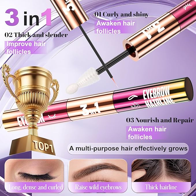 3-in-1 Lash, Brow & Hairline Growth Serum – Eyelash & Eyebrow Growth Serum for Thicker Lashes, Fuller Brows & Hairline Boost – Natural Lash Enhancer for Women & Men – Vegan, Cruelty-Free(8ml)