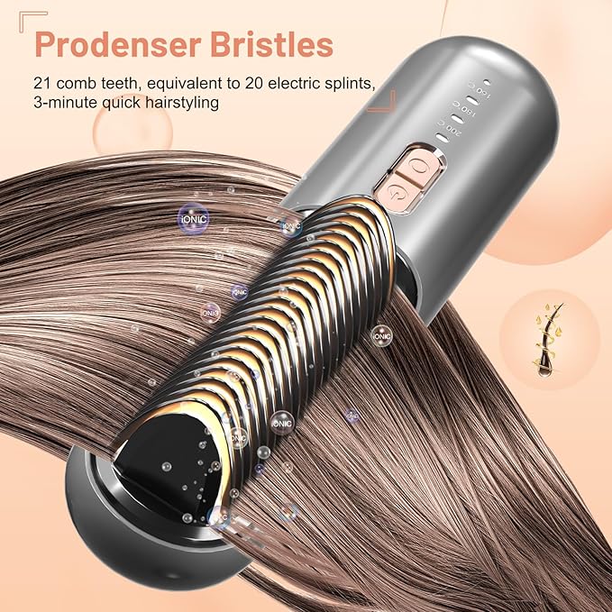Cordless Hair Straightener Brush Portable Mini USB-C Hair Straightening Comb Anti-Scald Rechargeable Hot Hair Dryer Straightener Brush for Girls Women for Travel Styling
