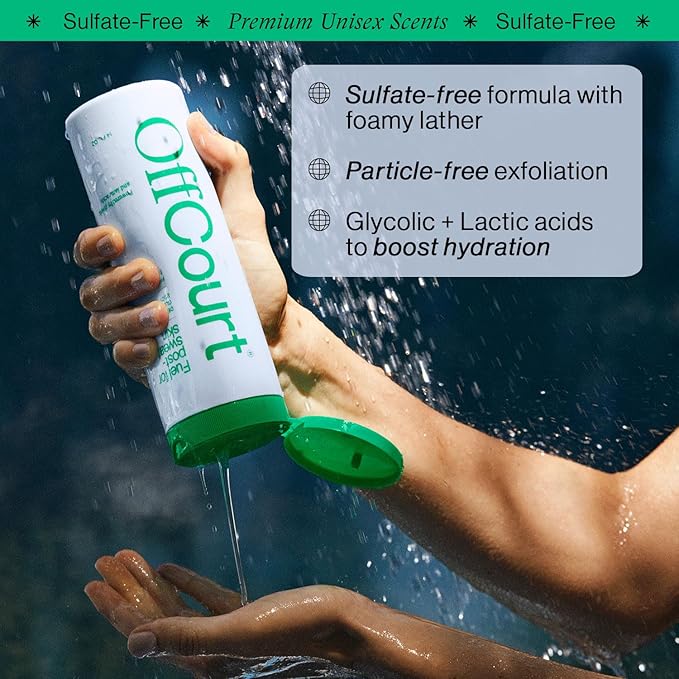 OffCourt Sulfate-Free Body Wash for Men & Women - Non-Drying Exfoliator with Glycolic & Lactic Acids Leaves Skin Fresh & Smooth with Fresh Citrus and Driftwood, 14 Fl. Oz (Pack of 1)