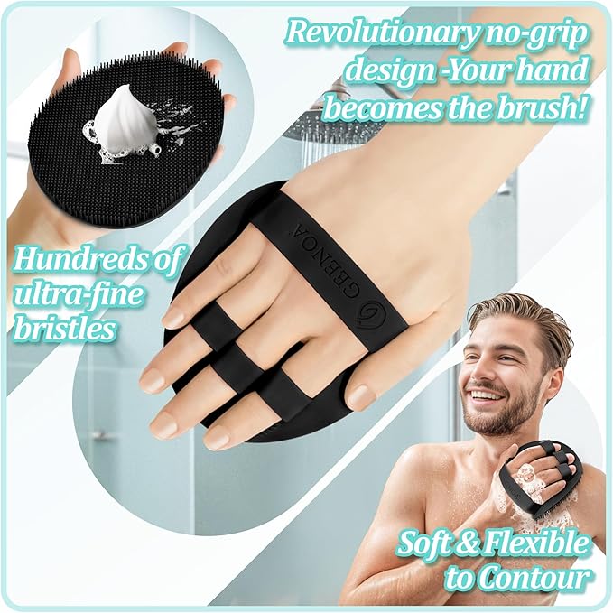 Silicone Back & Face Scrubber & Bath Glove Set 3PCS, 13.4'' Gentle Back Scrubber with Dual-Side Head, 360° Anti-Slip Bath Glove, Unique Side-bristled Face Scrubber for All-round Cleaning(Black)