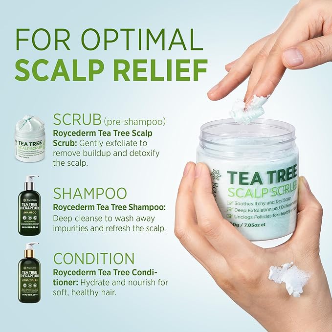 Roycederm Tea Tree Scalp Scrub – Pre-Shampoo Exfoliating Treatment for Dry, Flaky Scalp – Deep Cleansing, Refreshing & Balancing Formula for Healthy-Looking Hair