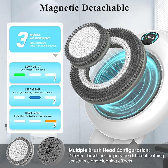 Electric Back Scrubber for Shower - Wall Mounted Exfoliating Brush, Hands-Free Automatic Body Scrubber, IPX7 Waterproof, 3-Speed Adjustment, 3 Replaceable Heads with 50pcs Disposable Shower Caps