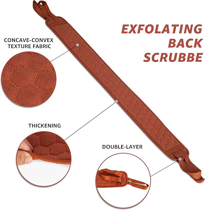 39.37 Inch Exfoliating Back Scrubber with Handles, Extended Exfoliating Back Scrubber for Shower, Soft Double-Sided Body Exfoliator for Deep Cleaning Your Skin for Men & Women, Brown