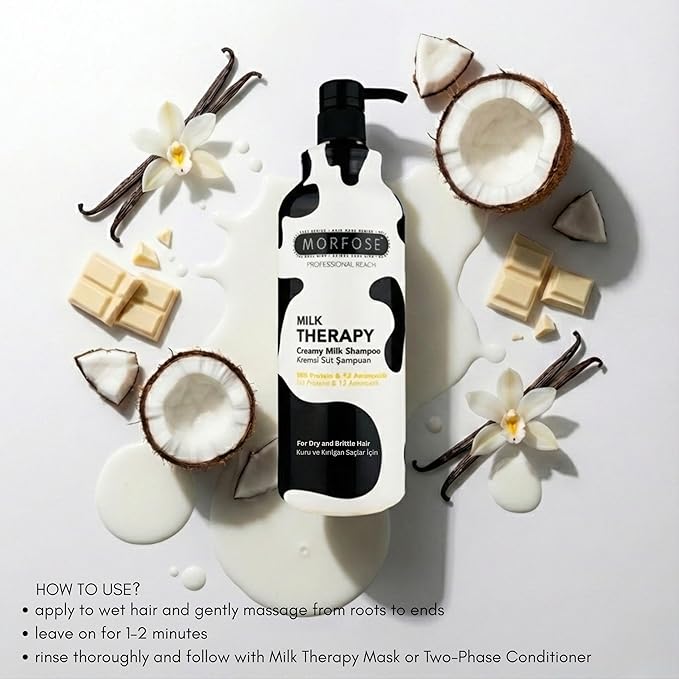 Morfose Professional Milk Therapy Creamy Hair Shampoo for Dry, Damaged, or Brittle Strands, Repairs and Protects, fuller, healthier, softer look, Eliminates Dryness, Damage, and Split Ends, 1000 ml