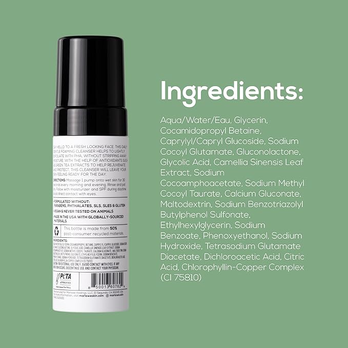 MARLOWE. No. 129 Gentle Foaming Facial Cleanser 4.5 Oz, Exfoliating, Brightening & Protective Daily Mens Face Wash with PHA, Natural Green Tea Extracts & Antioxidants, Unscented & Vegan