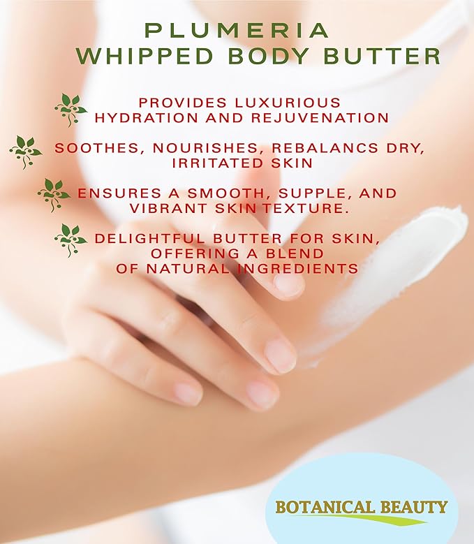 Botanical Beauty PLUMERIA WHIPPED BODY BUTTER with Shea Butter, Cocoa Butter, Coconut Oil for All Skin Types, for Dry, Sensitive Skin. Moisturizing Cream for Women, Men (8 Fl Oz 240 ml)