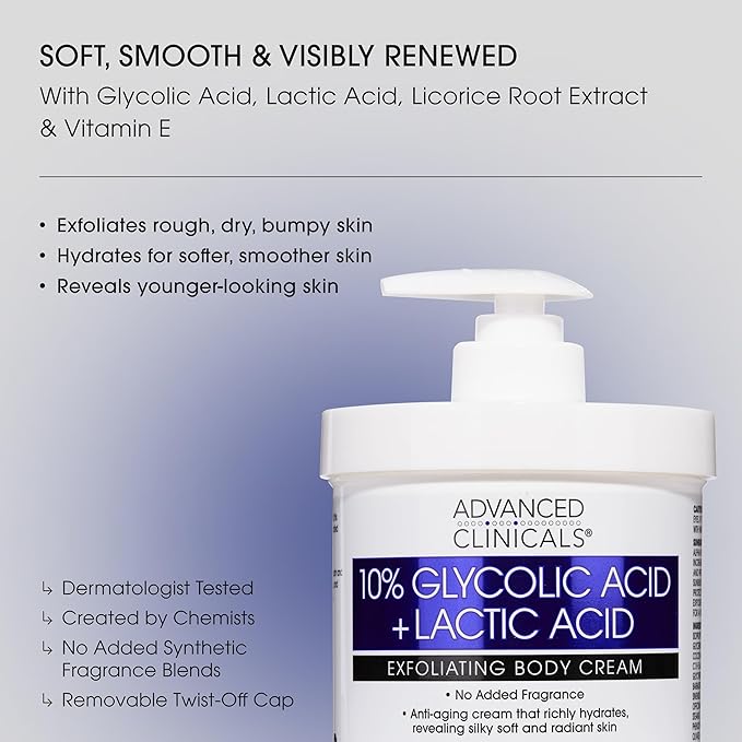 Advanced Clinicals Retinol Body Cream Moisturizer + Exfoliating 10% Glycolic Acid & Lactic Acid Lotion 2PC Skincare Set For Women & Men To Reduce Appearance Of Crepey Skin & Uneven Rough Skin Texture