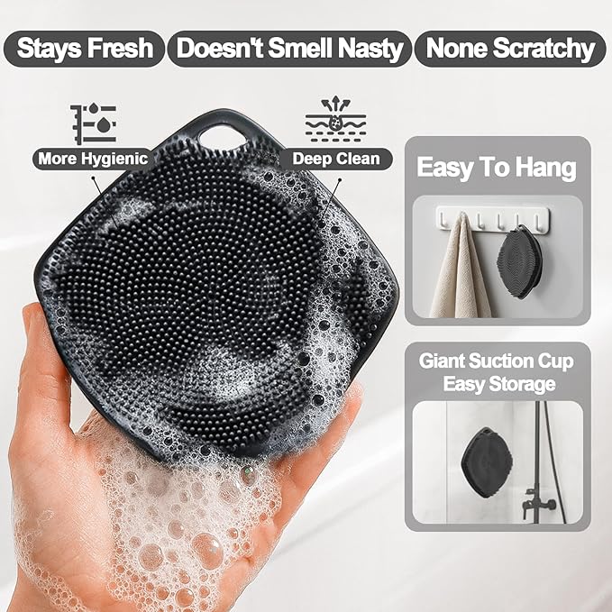 Silicone Body Scrubber with Suction Cup, Gentle Texture Exfoliating Body Scrubber for Men and Women On Sensitive Skin, Build Up Lather, Deep Skin Clean (Body+ Face Scrubber Black)