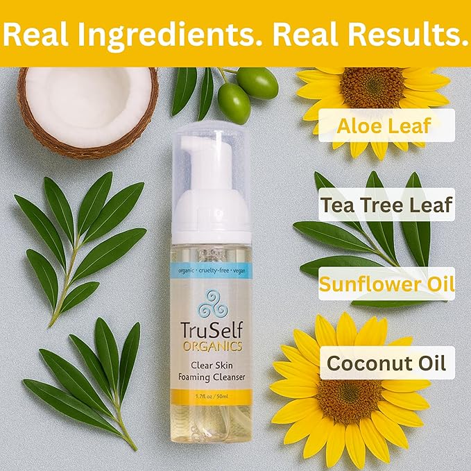 Deep Cleansing Clear Skin Face Wash - TruSelf Organics Acne Fighting Foaming Cleanser for Oily Combination Skin - Organic Pore Cleanser with Tea Tree Oil Control - Vegan USA Made Travel Size 1.7 oz
