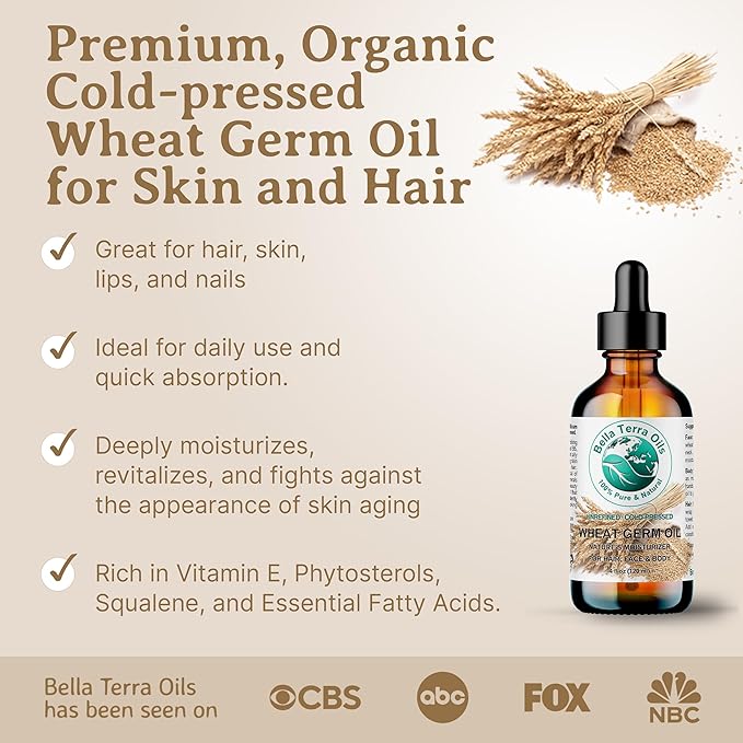Bella Terra Oils - Organic Wheat Germ Oil 8 oz - Premier Vitamin E Oil for Face, Unveiling Beauty with Vitamin C, Natural Source of Vitamin E for Skin Care