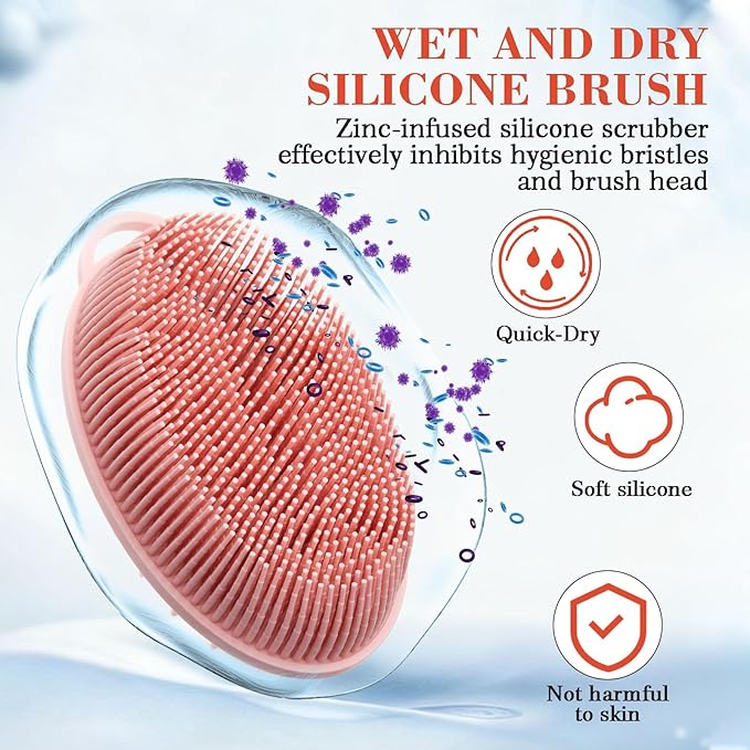2 Pack Zinc Infused Silicone Body Scrubber for Shower, 2 in 1 Loofah Brush with Massage Nodes for Body Exfoliator, Hygienic, Blood Circulation, Black and Pink