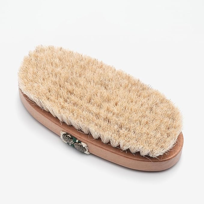 Dry Brushing Body Brush by ROZE NATURA, Natural Horsehair Exfoliating and Cleansing, Soft Bristles for Gentle Body Scrubbing and Skin Care, Tan/Green