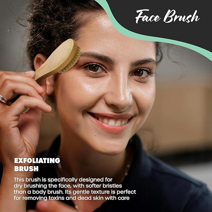 Nevlers Natural Boar Bristle Dry Brush for Body Massage 5-Piece Set | Detachable Long Wooden Handled Back Scrubber for Shower, Body Scrubber Exfoliator, Face Brush, Manicure Tool & Cloth Travel Bag