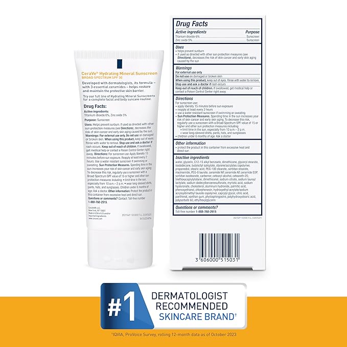 CeraVe 100% Mineral Sunscreen SPF 30, Face sunscreen With Zinc Oxide & Titanium Dioxide, Hyaluronic Acid + Niacinamide + Ceramides, Oil Free, Travel Size 2.5 oz
