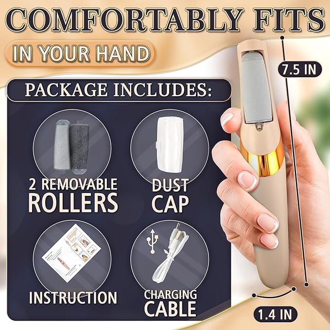 Foot Callus Remover Electric – Rechargeable Callus Grinder for Feet with 2-Speed and 2 Rollers (Coarse & Fine) for Smooth & Soft Feet – Compact Electric Foot Sander for Daily Foot Care & Travel Use