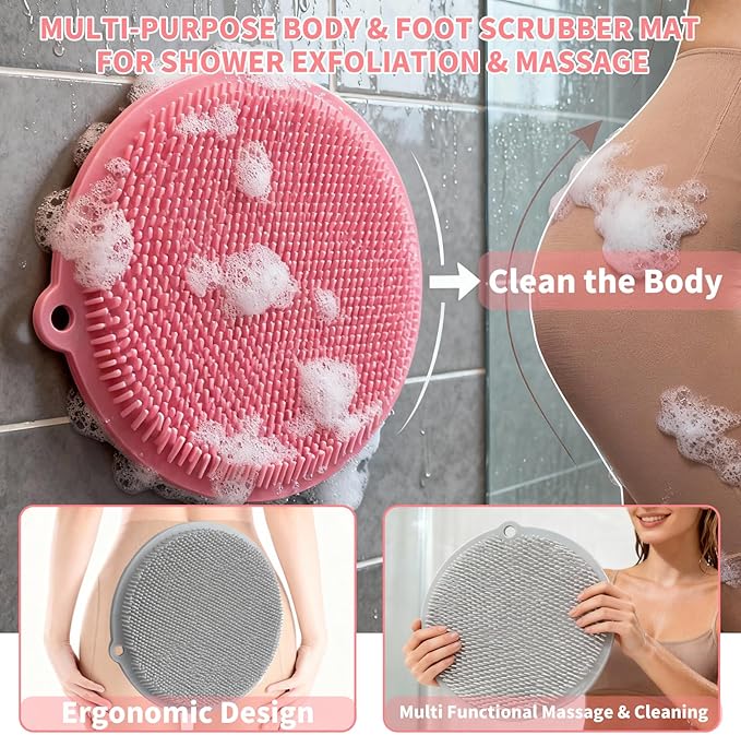 2 Pack Shower Foot Scrubber & Shower Back Scrubber Wall Mounted with Delicate Brush,Circular Design Shower Back Scrubber,Non-Slip Foot Scrubber Mat(Grey and Pink)