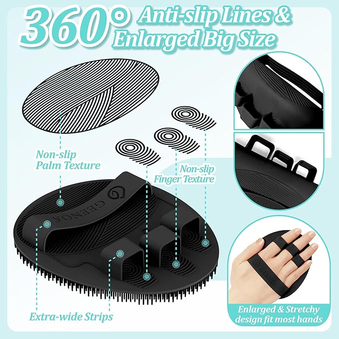 Silicone Back/Face Scrubber & Bath Glove Set 3PCS, Extendable Back Scrubber with Dual-Side Large Head, 360° Anti-Slip Bath Glove, Unique Side-bristle Face Scrubber for All-round Cleaning(Black)