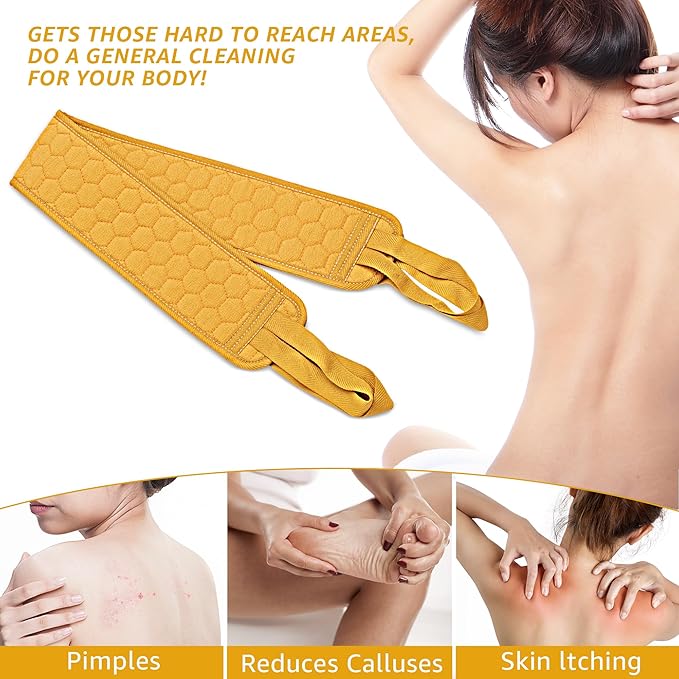 39.37 Inch Exfoliating Back Scrubber with Handles, Extended Exfoliating Back Scrubber for Shower, Soft Double-Sided Body Exfoliator for Deep Cleaning Your Skin for Men & Women, Yellow