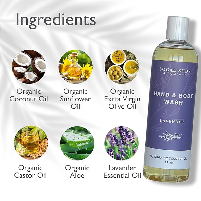 SoCal Suds & Company - 12oz Organic Soap Liquid, Gentle Hand & Body Wash, Organic Body Wash for Men and Women, Made w/Organic Oils & Coconut Oil, Bath Essentials for All Skin Types - 2pk Lavender