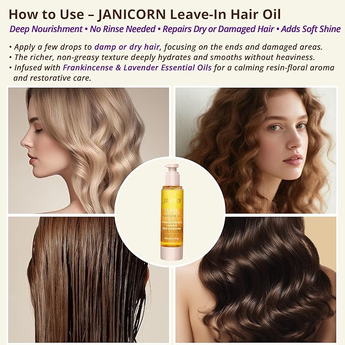 Leave-In Hair Oil – Moisturizing Blend with Jojoba & Argan Oils, Frankincense & Lavender Aroma, Deep Nourishment & Frizz Control, Ideal for Dry or Damaged Hair, 3.4 fl oz / 100 ml