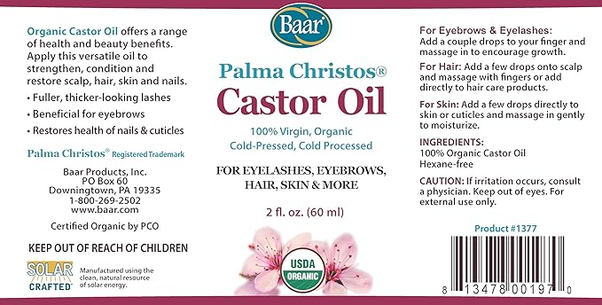 Baar Palma Christos Castor Oil, Organic, 100% Pure, Cold-Pressed, Hexane-Free Products. Helps with Conditions for Hair Growth for Eyebrows, Hair, and Eyelashes. Natural Hair Treatment Oil 2 oz.