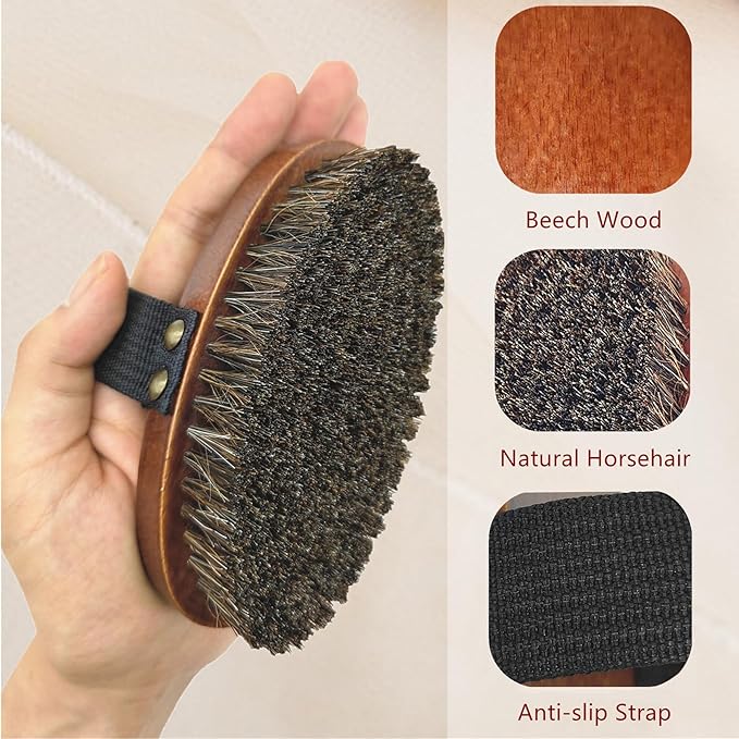 Dry Brushing Body Brush, Exfoliating Body Scrubber Natural Horsehair Bath Brushes Wooden Handle for Shower, Skin Exfoliation, Cellulite and Lymphatic Improvement Gift
