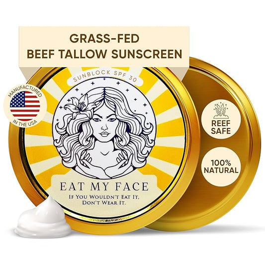 Eat My Face Organic Beef Tallow Sunscreen SPF 30 | Non Nano Zinc Oxide Mineral Sunscreen, Reef Safe & Non Toxic Sunblock for Face and Body, Natural Chemical Free Made in USA, Tallow Zinc Sunblock 4oz