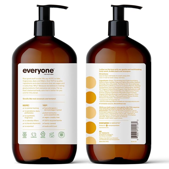 Everyone 3-in-1 Soap, Body Wash, Bubble Bath, Shampoo, 32 Ounce (Pack of 2), Coconut and Lemon, made with Essential Oils for Men and Women